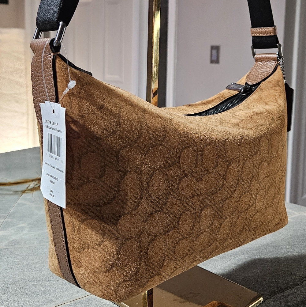 NWT Coach Small Finn Crossbody Bag CCG16 Caramel Sable Suede Signature + Pouch